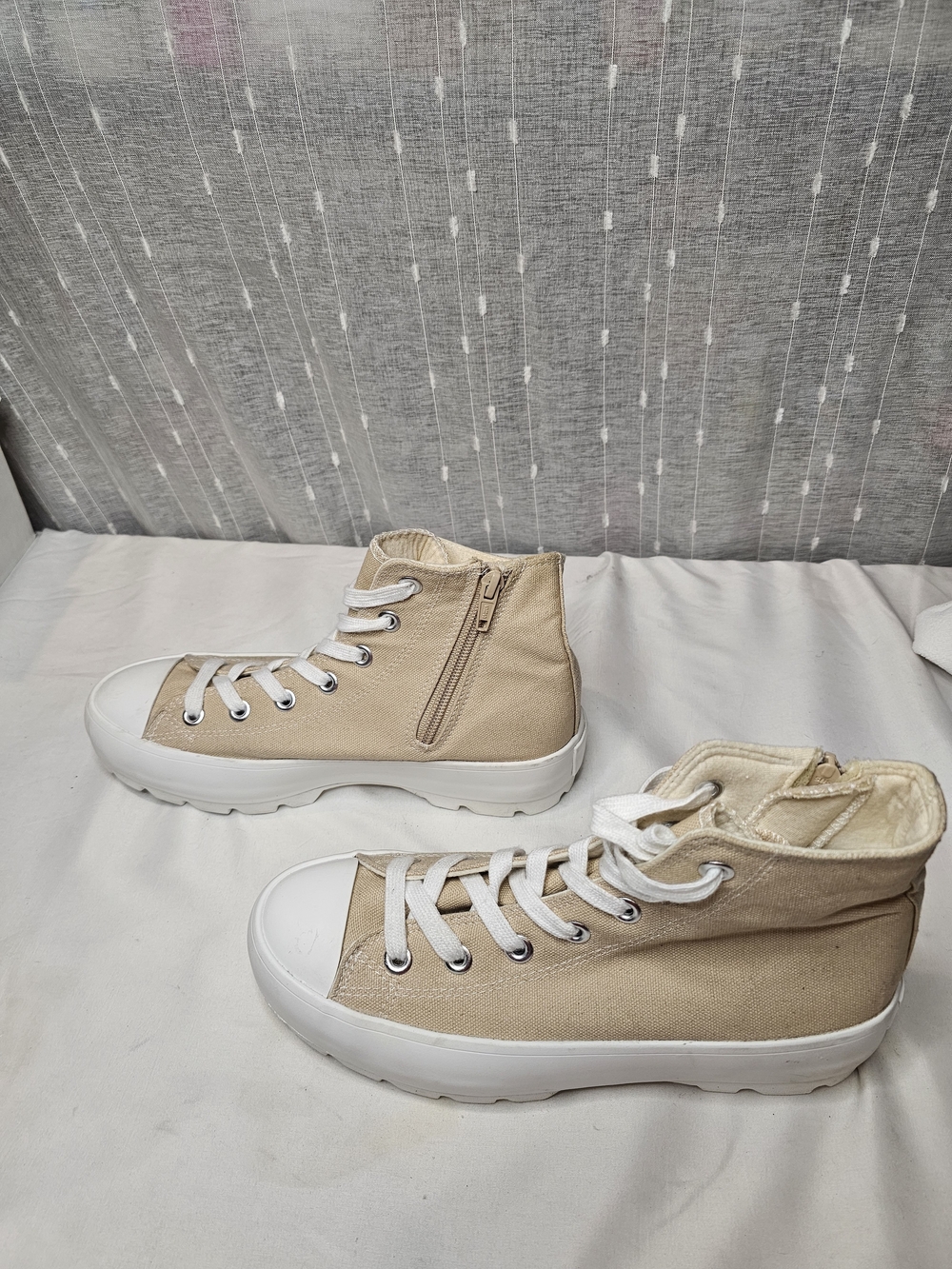 Simply Jules Women’s High-Top Canvas Sneakers with Side Zipper in Beige